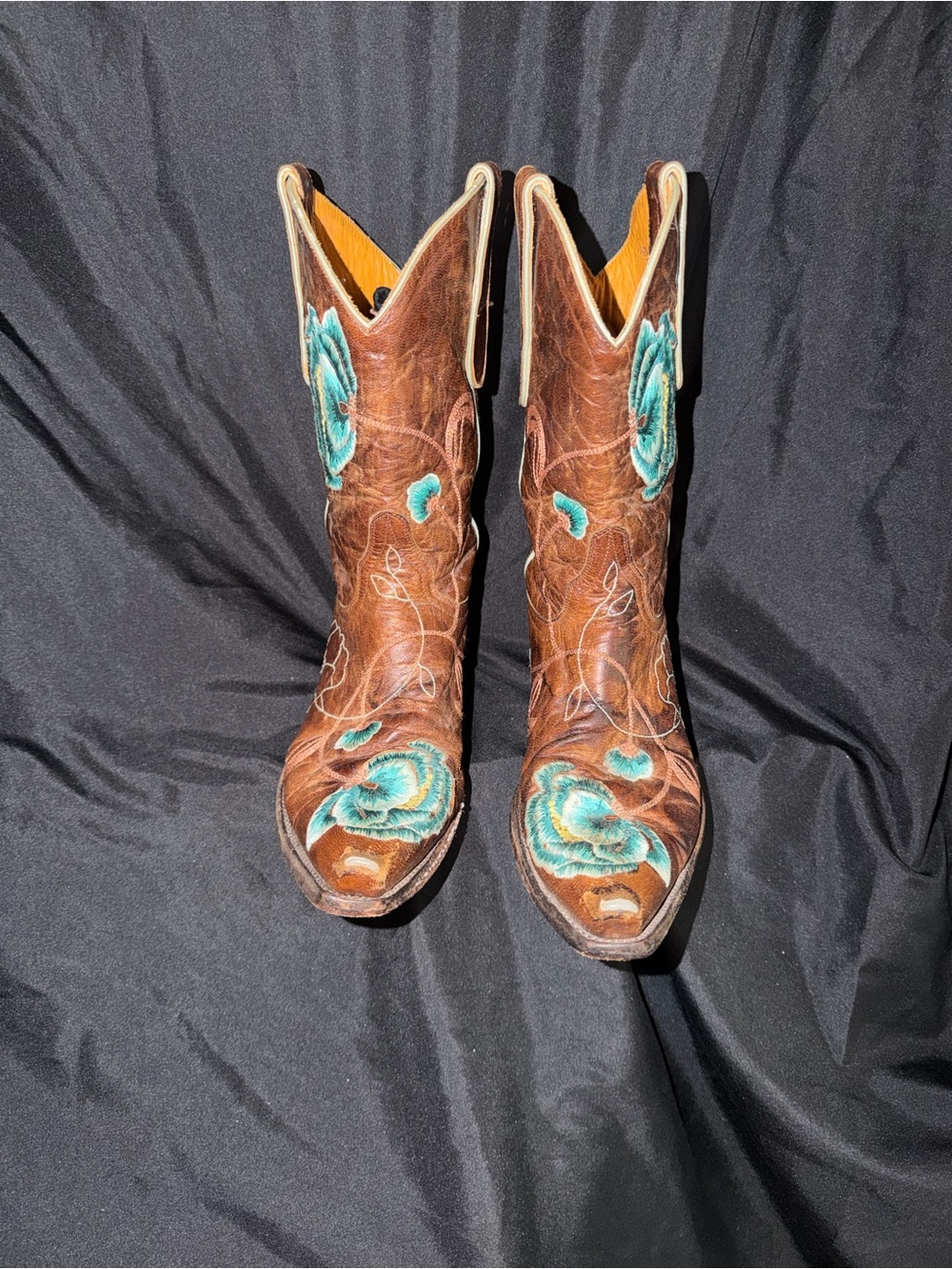 Old Gringo Brown Leather Boots with Turquoise Floral Embroidery